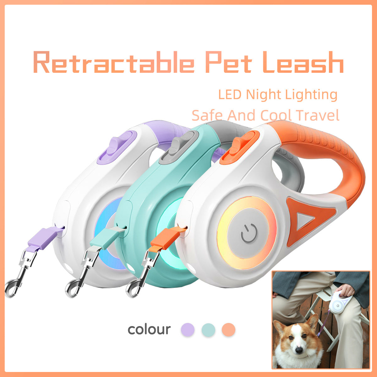 犬用リード 伸縮リード&犬用首輪 スポットライト付き 自動 ペット用 犬・猫用 トラクションロープ 小型・中型犬向け ペット用品