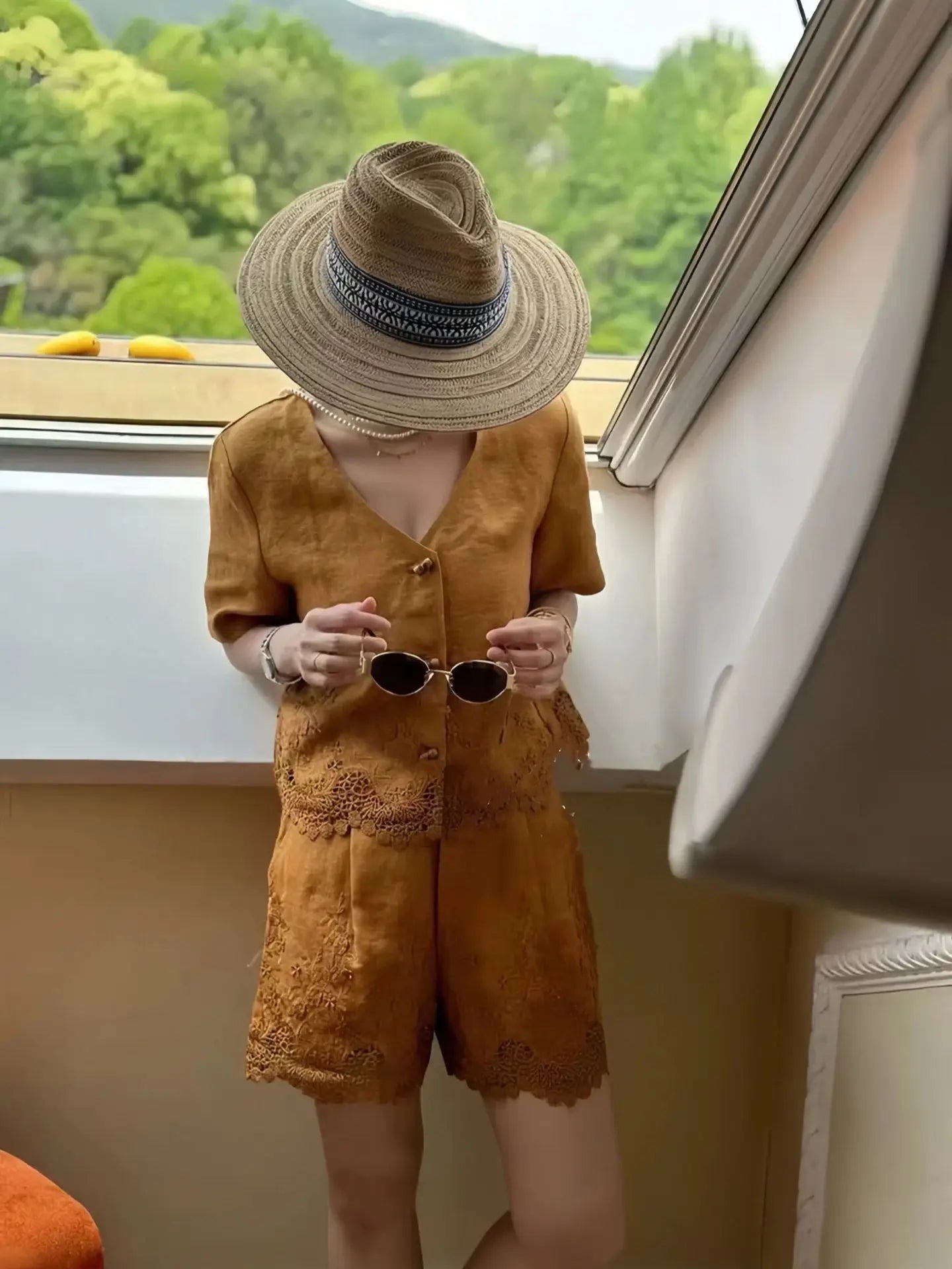English embroidery style casual women's 100% linen short suit