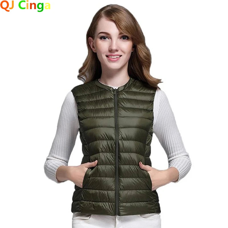 White Stand Collar Women's Sleeveless Down Vest Coat Winter Thin Slim Business Vests White Blue Black Red Women Waistcoat 3XL