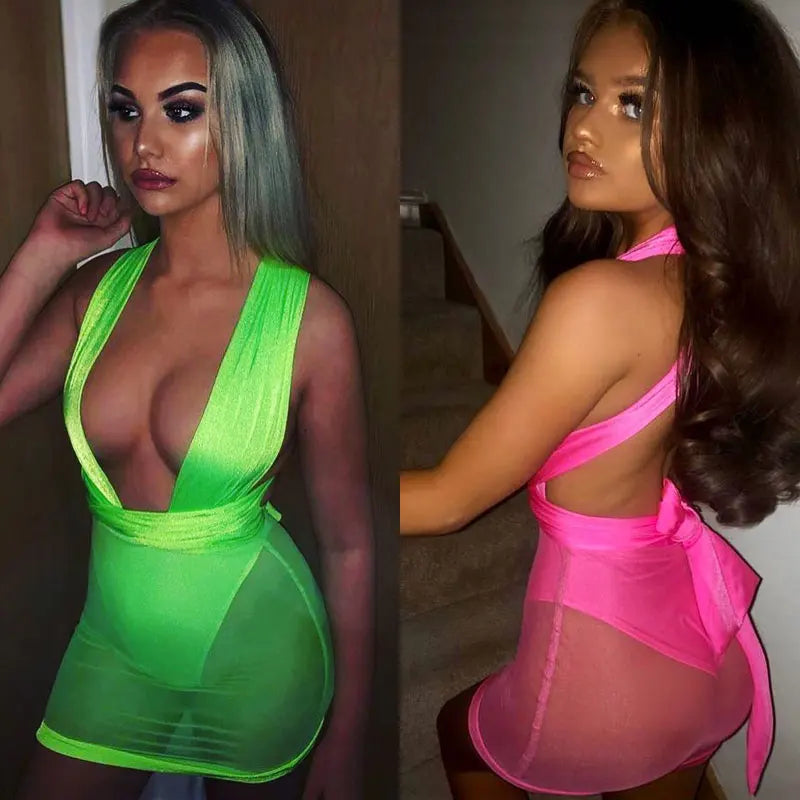 OMSJ 2023 New Hot Neon Green Elegant Sexy Club Party Dresses Women Strapless Sleeveless Bandage Dress Summer Lace Up Mini Dress