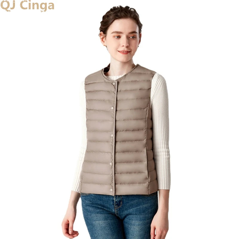 White Stand Collar Women's Sleeveless Down Vest Coat Winter Thin Slim Business Vests White Blue Black Red Women Waistcoat 3XL