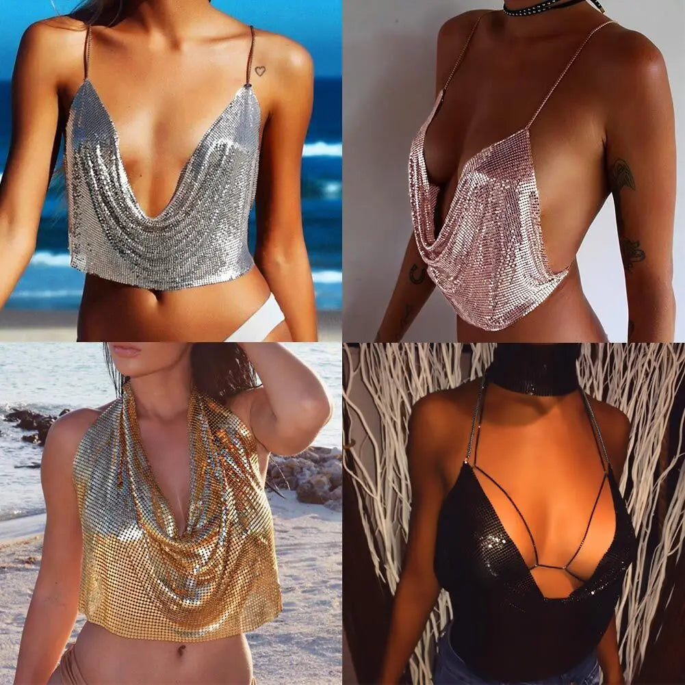 Women Sexy Halter Camisole Tops Shining Metal Sequins Backless Low-Cut Tank Tops for Ladies Vacation Party Clubwear