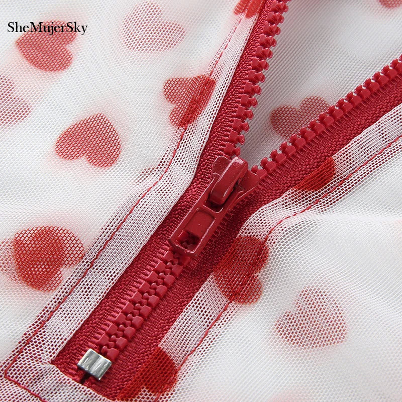 SheMujerSky Sexy Transparent Bodysuit Women Short Sleeve Heart Print Bodysuits Zipper O-neck Jumpsuit Overalls