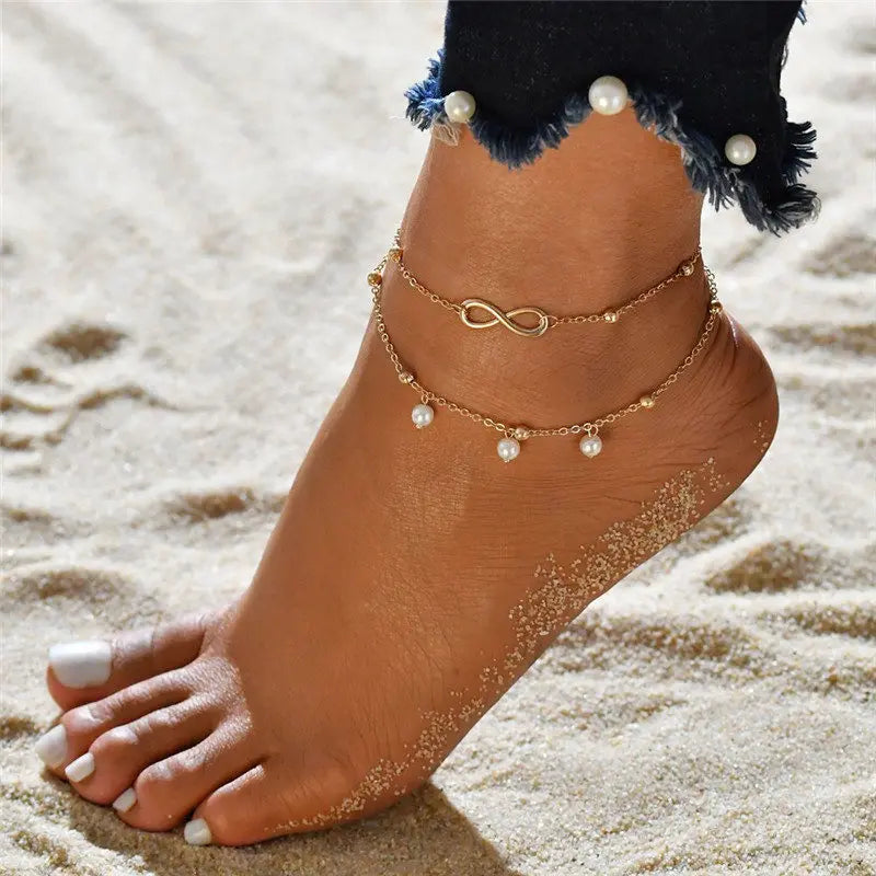 2pcs Anklets Women Heart Ankle Bracelet Charm Beaded Dainty Foot Jewelry for Women and Teen Girls Summer Barefoot Beach