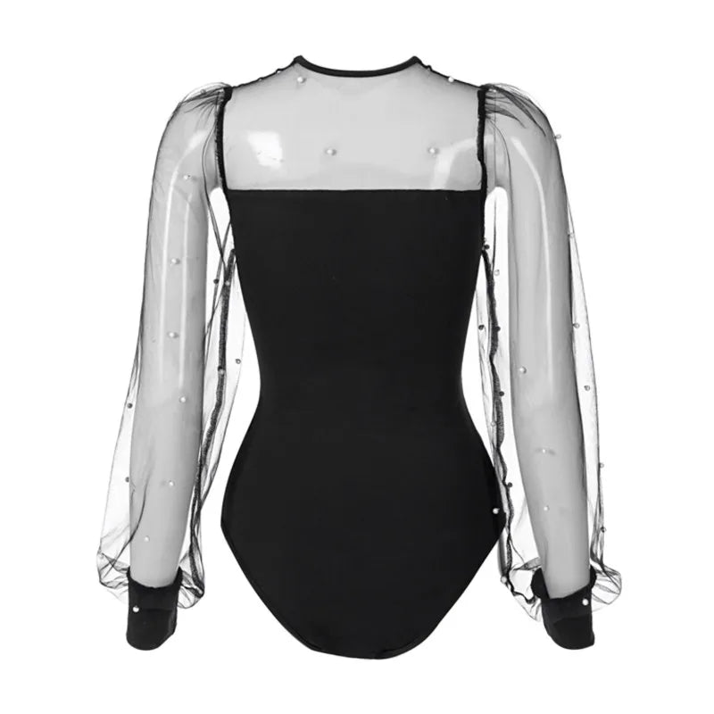 Summer Women's Round Collar Mesh Hollow Long Sleeve Bodysuit, Tight Solid Color High Waist Blouse Evening Party