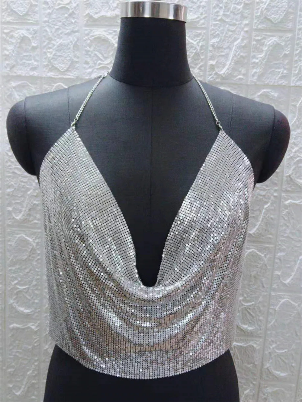Women Sexy Halter Camisole Tops Shining Metal Sequins Backless Low-Cut Tank Tops for Ladies Vacation Party Clubwear