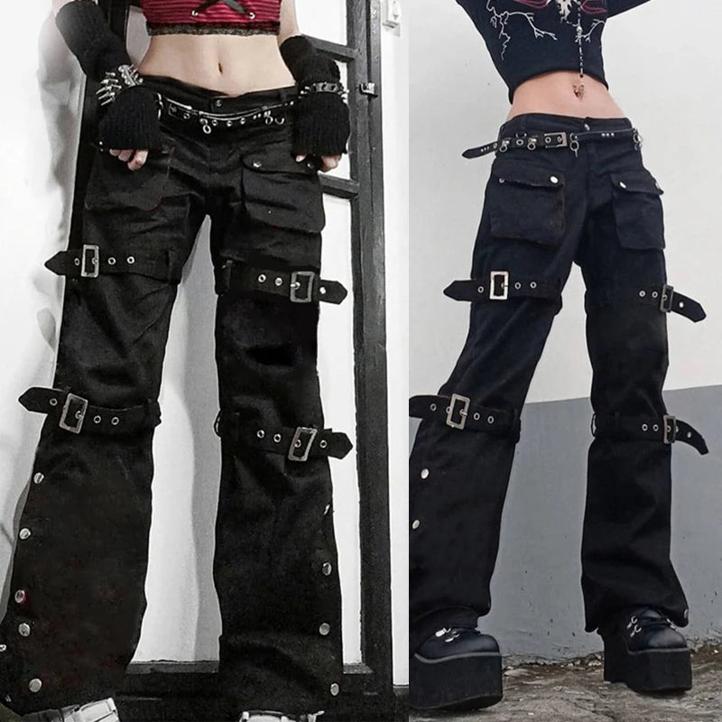2022 trend Women Black Cargo Jeans with Multi Pockets Metal Buckle Belt Straight Trousers