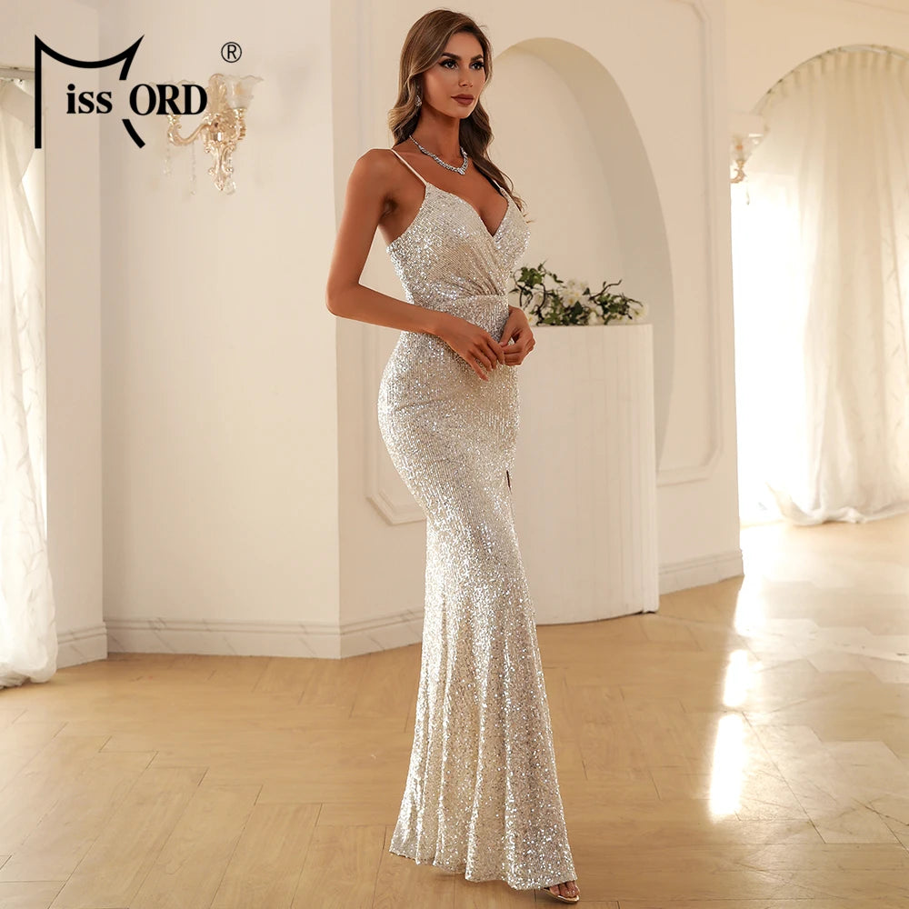 Missord White Sequin Guest Wedding Party Dresses Women Spaghetti Strap V-Neck Thigh Split Prom Evening Dress Elegant Long Gown