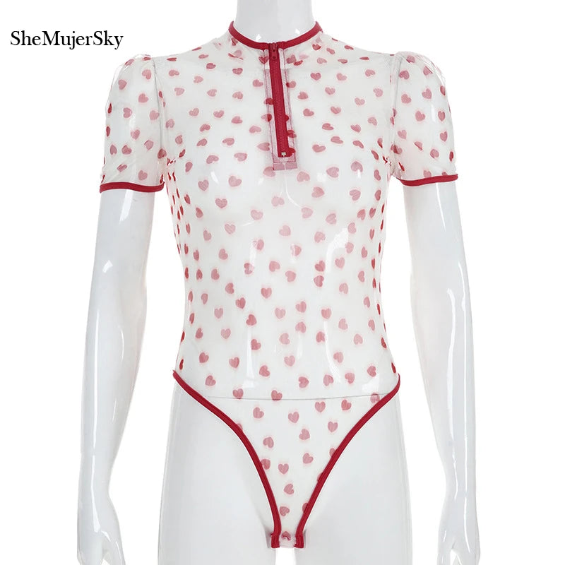 SheMujerSky Sexy Transparent Bodysuit Women Short Sleeve Heart Print Bodysuits Zipper O-neck Jumpsuit Overalls