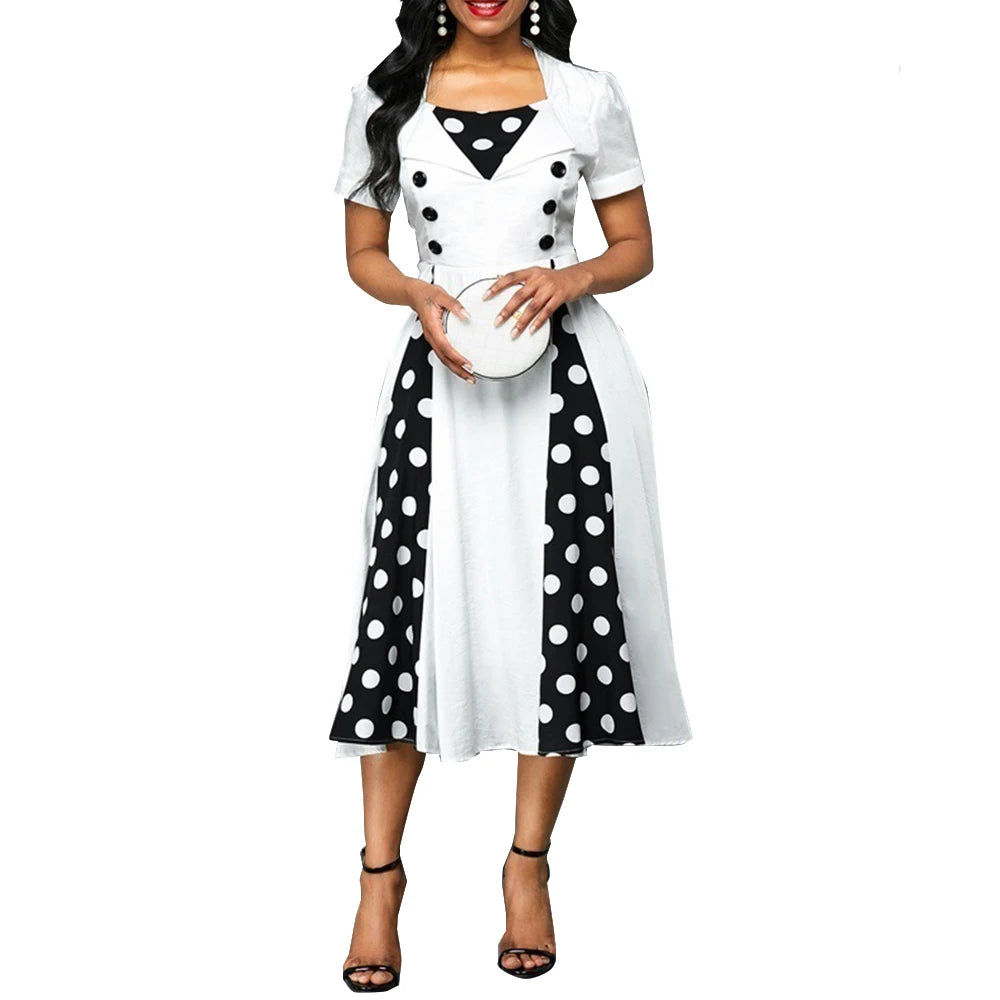 Vintage Dot Print Swing Pin Up Summer Party Dresses Women Short Sleeve High Waist A-Line Dress Elegant Casual Robe Vestidos