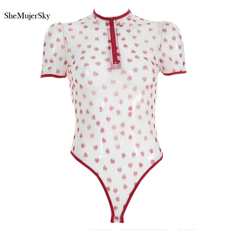 SheMujerSky Sexy Transparent Bodysuit Women Short Sleeve Heart Print Bodysuits Zipper O-neck Jumpsuit Overalls