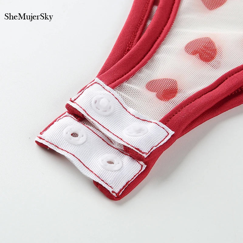SheMujerSky Sexy Transparent Bodysuit Women Short Sleeve Heart Print Bodysuits Zipper O-neck Jumpsuit Overalls