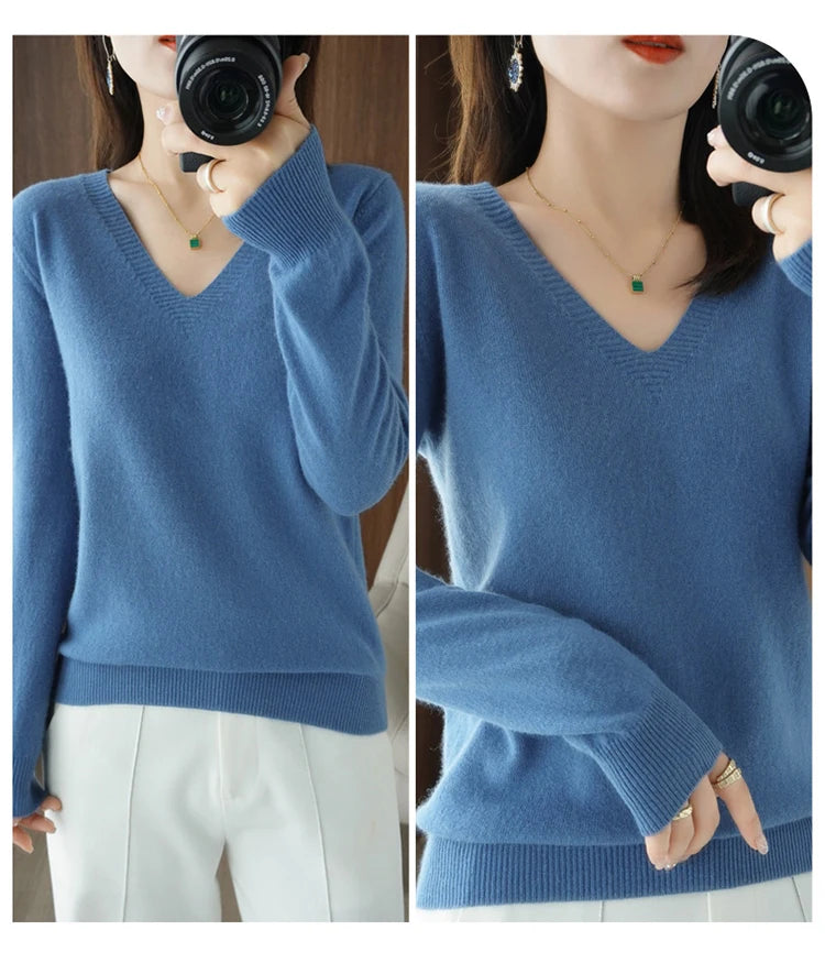 YSZWDBLX Sweaters Women Casual V-neck Solid Jumpers Pullovers Spring Autumn Womens Sweater Winter Warm Knitwear Bottoming Shirt