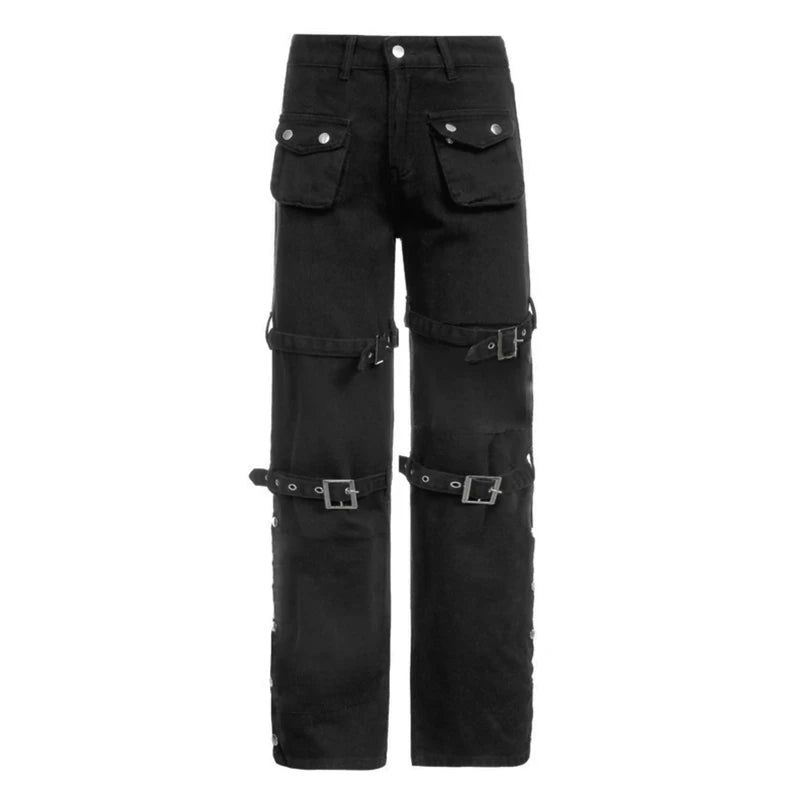 2022 trend Women Black Cargo Jeans with Multi Pockets Metal Buckle Belt Straight Trousers