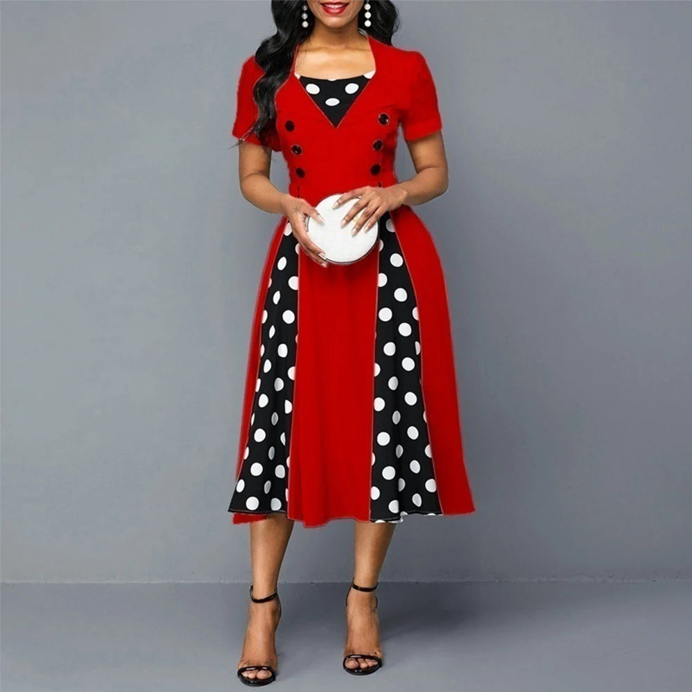 Vintage Dot Print Swing Pin Up Summer Party Dresses Women Short Sleeve High Waist A-Line Dress Elegant Casual Robe Vestidos
