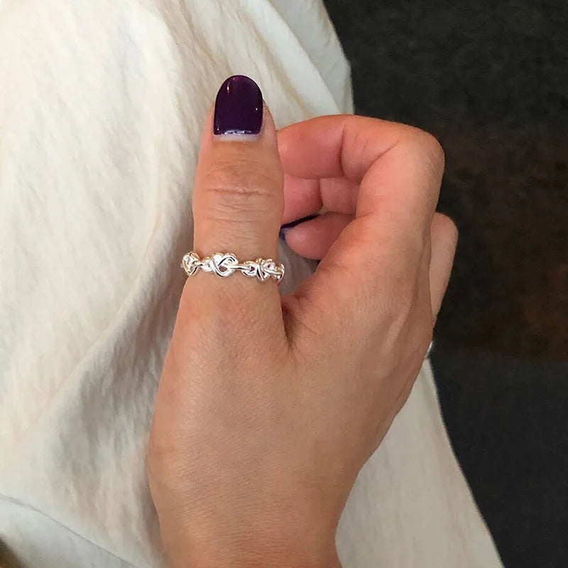 FOXANRY Silver Color Rings for Women Trendy Elegant Creative Weave Texture LOVE Heart Girl Party Jewelry Birthday Gifts