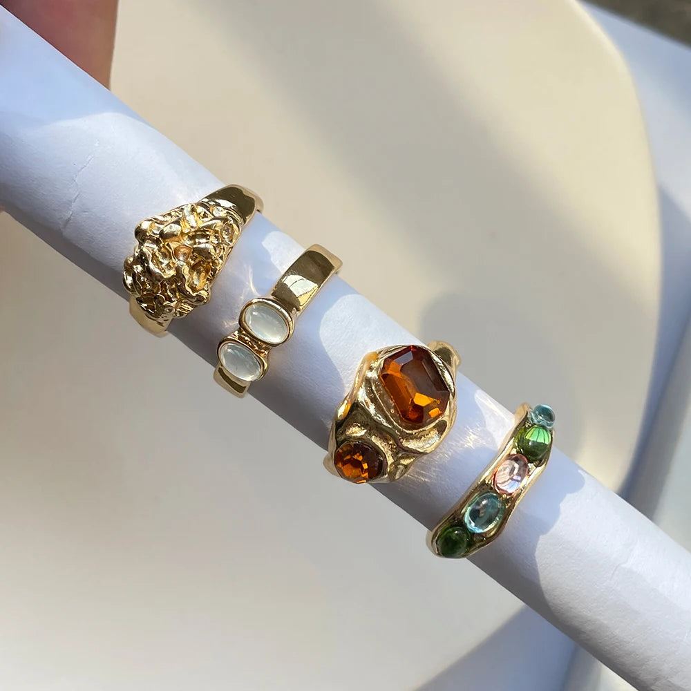 HZ 2021 New Korea 5pcs/set Colorful Stone Rhinestone Metal Chain Trendy Geometry Hit Rings Set for Women Girls Jewelry Gifts