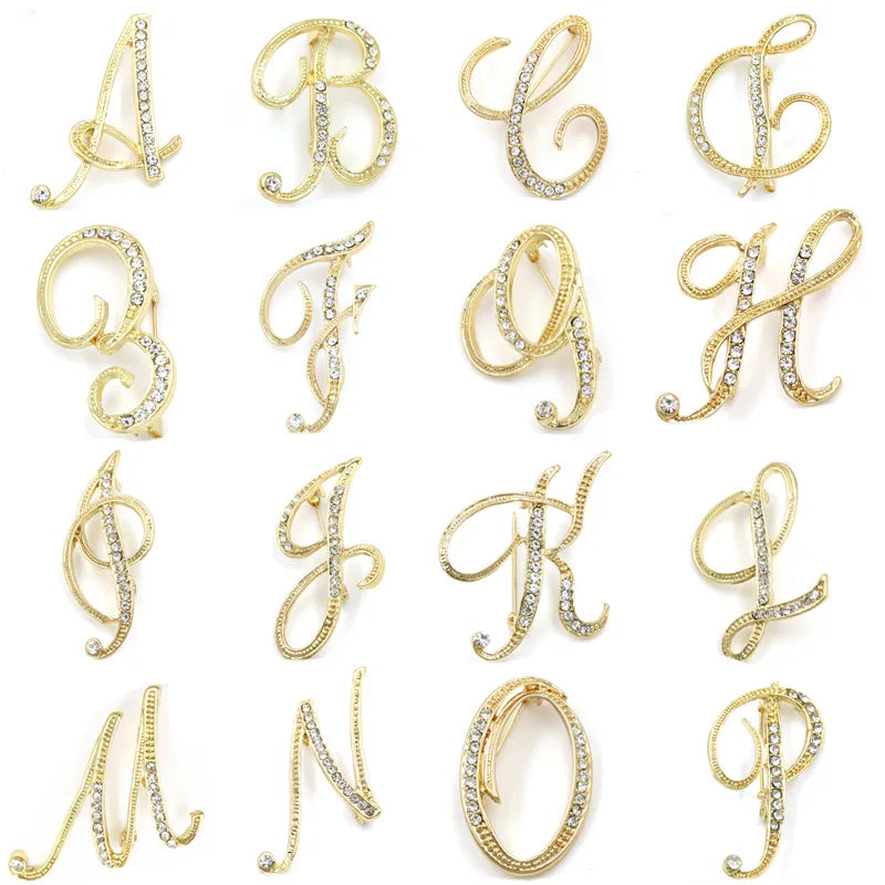 Fashion Design 26 Initial Letters Brooch Pins For Woman Luxury Lapel Pins Crystal Rhinestone Pin Badg Women Brooch Jewelry Gifts