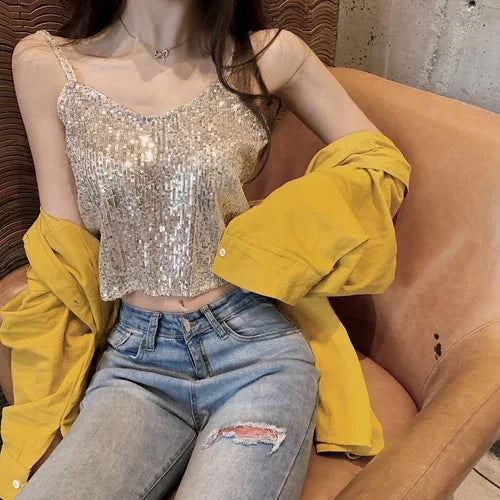 Camisoles Women New Chic Silvery Sequined Sexy V-Neck Off Shoulder Femme Crop Top Vintage Korean Loose Street Party Womens Tops