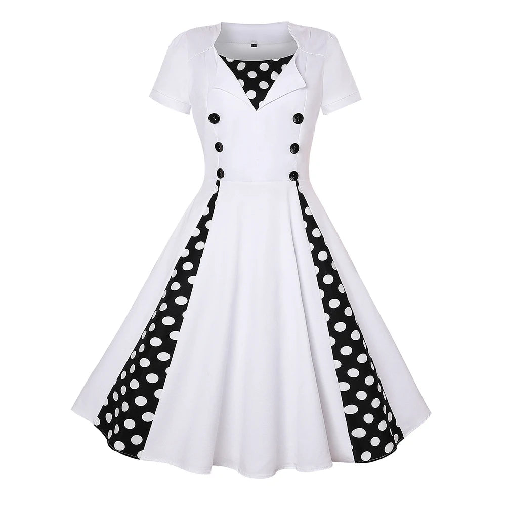 Vintage Dot Print Swing Pin Up Summer Party Dresses Women Short Sleeve High Waist A-Line Dress Elegant Casual Robe Vestidos