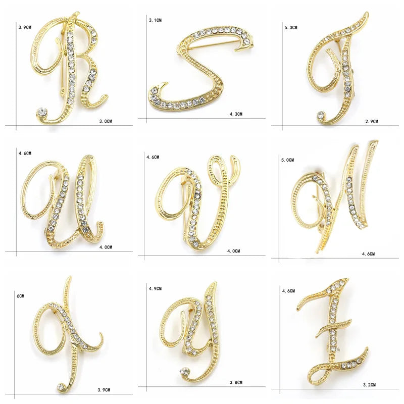 Fashion Design 26 Initial Letters Brooch Pins For Woman Luxury Lapel Pins Crystal Rhinestone Pin Badg Women Brooch Jewelry Gifts