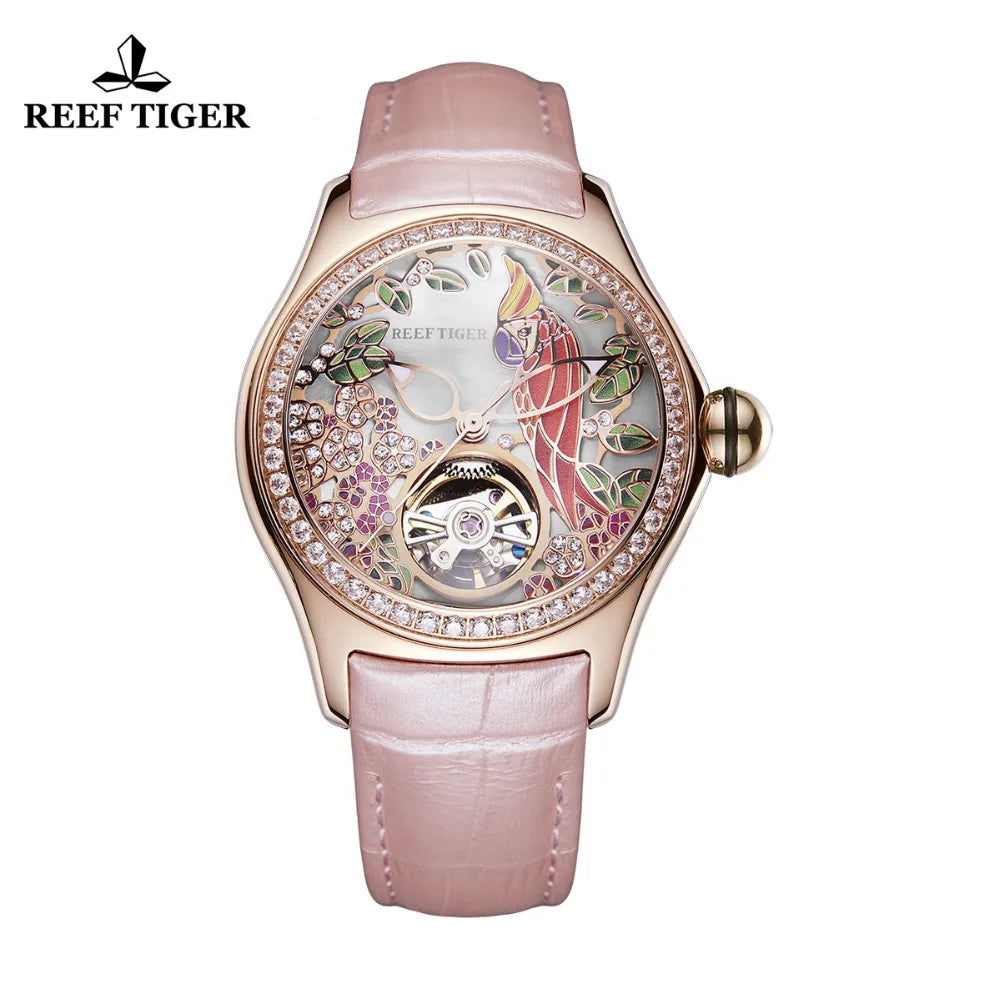 Reef Tiger/RT レディース ラグジュアリー ファッションウォッチ 防水 ダイヤモンド ピンクダイヤル 自動巻き トゥールビヨンウォッチ RGA7105