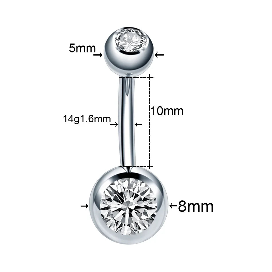 10 pcs/lot Piercing Navel Surgical Steel Single Crystal Rhinestone Belly Button Rings Navel Piercing Ombligo 5/8mm Ball Nombril