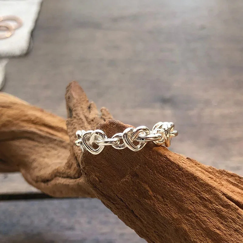 FOXANRY Silver Color Rings for Women Trendy Elegant Creative Weave Texture LOVE Heart Girl Party Jewelry Birthday Gifts