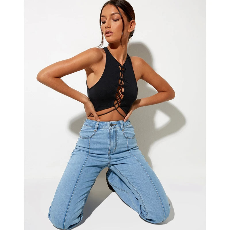 топ Bandage Black Sexy Backless Tank Tops for Women Lace Up Sleeveless Summer Top Cropped Club Party Fashion Outfits crop top