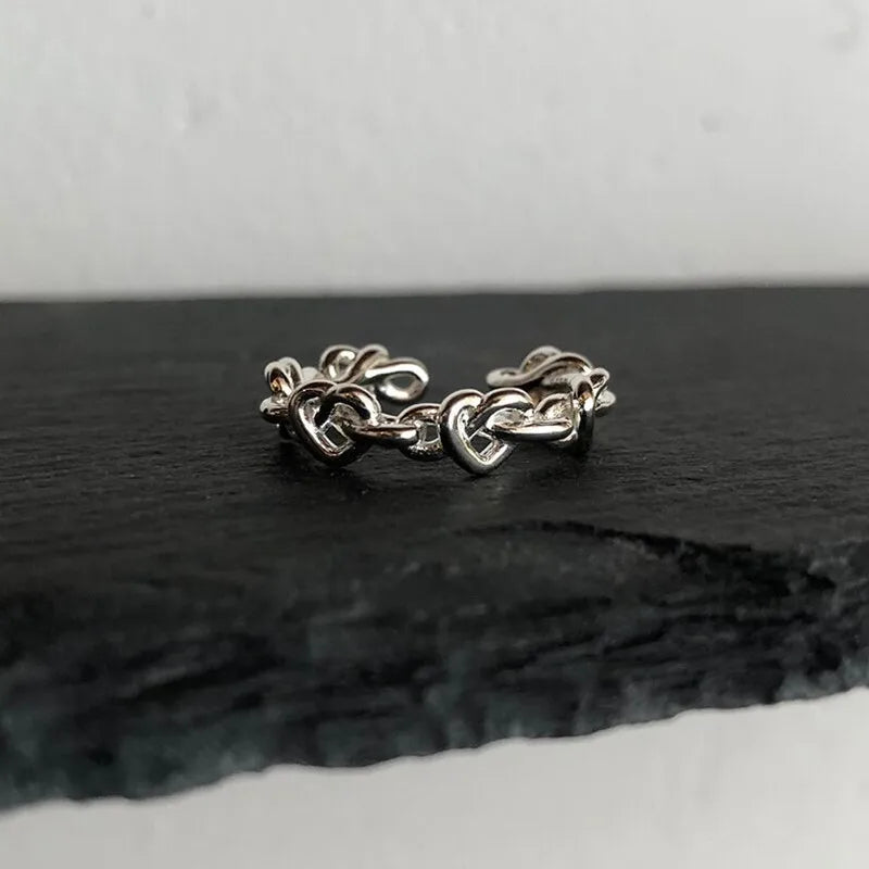 FOXANRY Silver Color Rings for Women Trendy Elegant Creative Weave Texture LOVE Heart Girl Party Jewelry Birthday Gifts