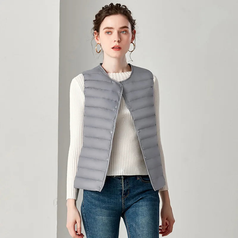 White Stand Collar Women's Sleeveless Down Vest Coat Winter Thin Slim Business Vests White Blue Black Red Women Waistcoat 3XL