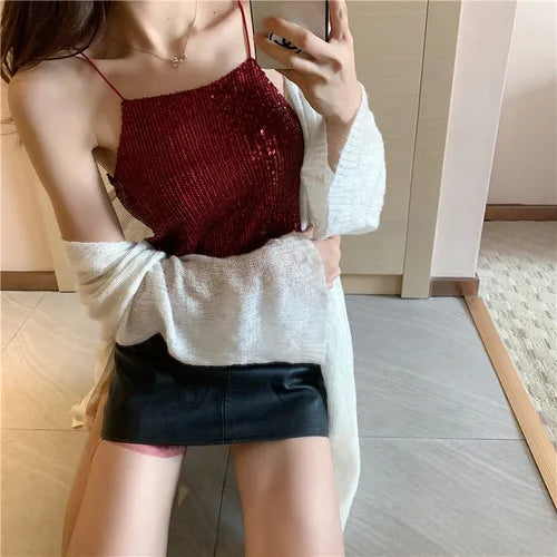 Camisoles Women New Chic Silvery Sequined Sexy V-Neck Off Shoulder Femme Crop Top Vintage Korean Loose Street Party Womens Tops