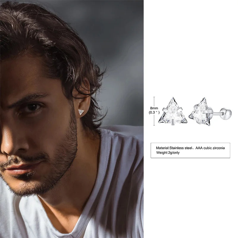 Men Stud Earring,Triangle Pierced Crystal Zircon Stud Earrings,Stainless Steel Tiny Minimalist Studs for Mens Women Jewelry