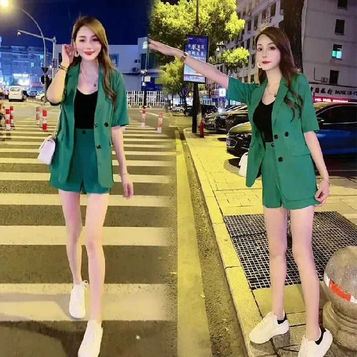 2-Piece Set of Jacket with Shorts for Women, Casual Suit, Age-Reducing, Best Street Set, Korean Version, Summer, 2025