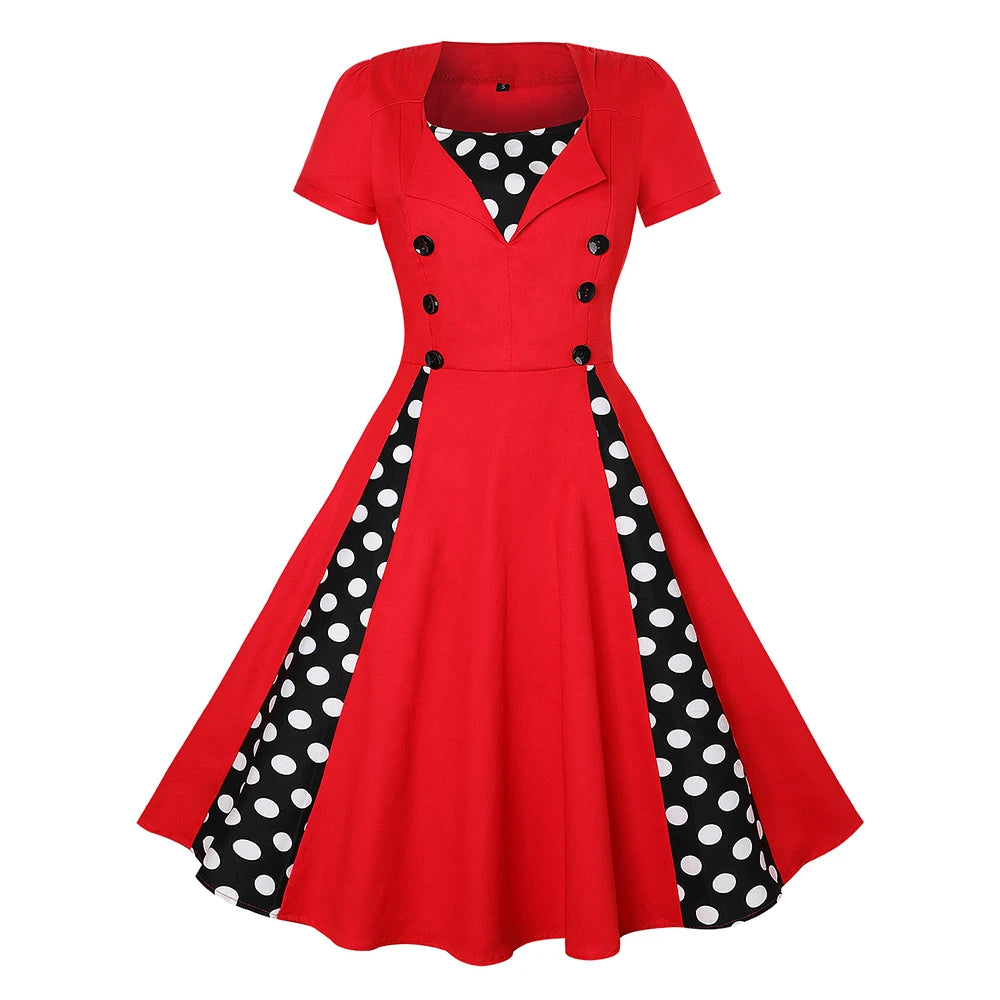 Vintage Dot Print Swing Pin Up Summer Party Dresses Women Short Sleeve High Waist A-Line Dress Elegant Casual Robe Vestidos