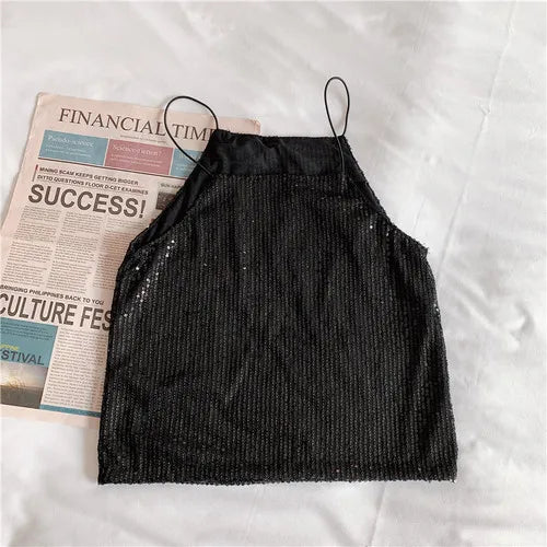 Camisoles Women New Chic Silvery Sequined Sexy V-Neck Off Shoulder Femme Crop Top Vintage Korean Loose Street Party Womens Tops