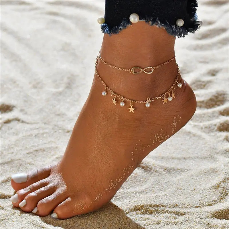 2pcs Anklets Women Heart Ankle Bracelet Charm Beaded Dainty Foot Jewelry for Women and Teen Girls Summer Barefoot Beach