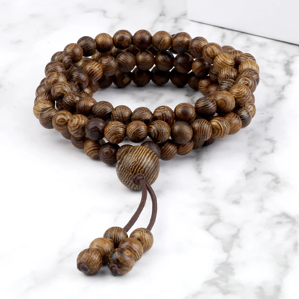 Vintage 108 Wooden Beads Bracelets 6mm Women Men Elastic Beaded Long Necklace Fashion Buddhist Prayer Yoga Jewelry Handmade Gift