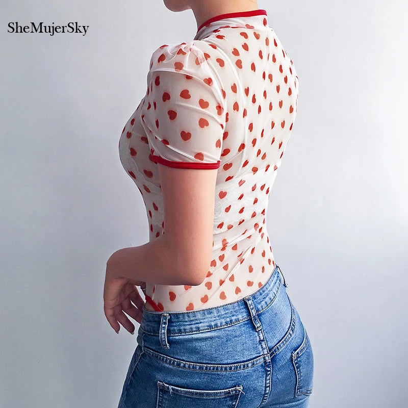 SheMujerSky Sexy Transparent Bodysuit Women Short Sleeve Heart Print Bodysuits Zipper O-neck Jumpsuit Overalls