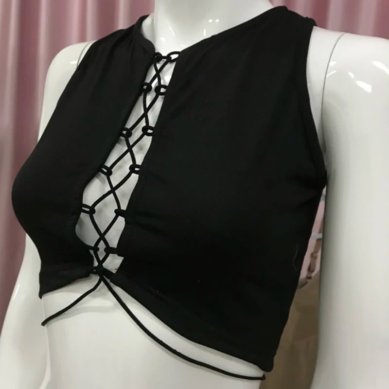 топ Bandage Black Sexy Backless Tank Tops for Women Lace Up Sleeveless Summer Top Cropped Club Party Fashion Outfits crop top