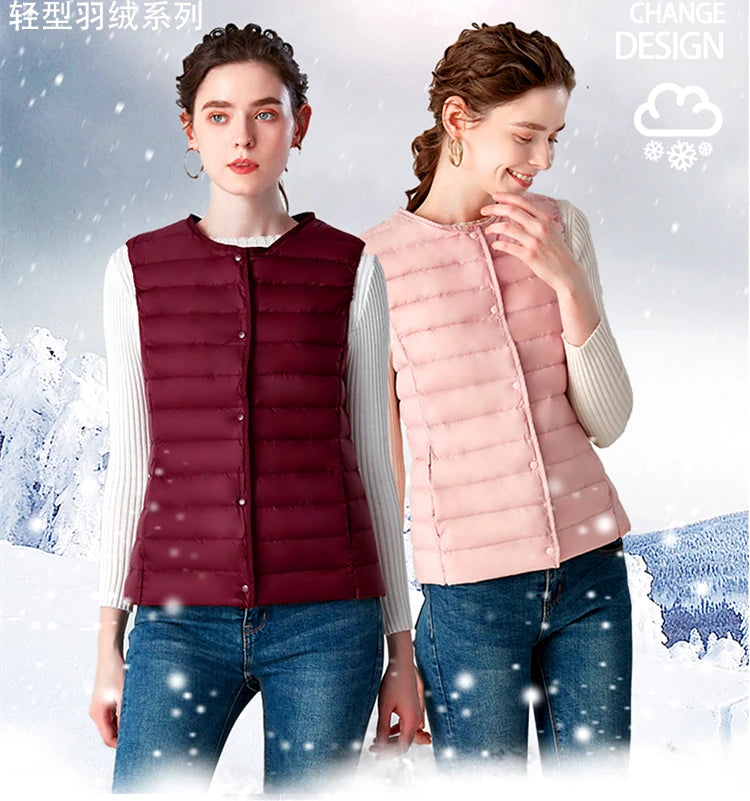 White Stand Collar Women's Sleeveless Down Vest Coat Winter Thin Slim Business Vests White Blue Black Red Women Waistcoat 3XL