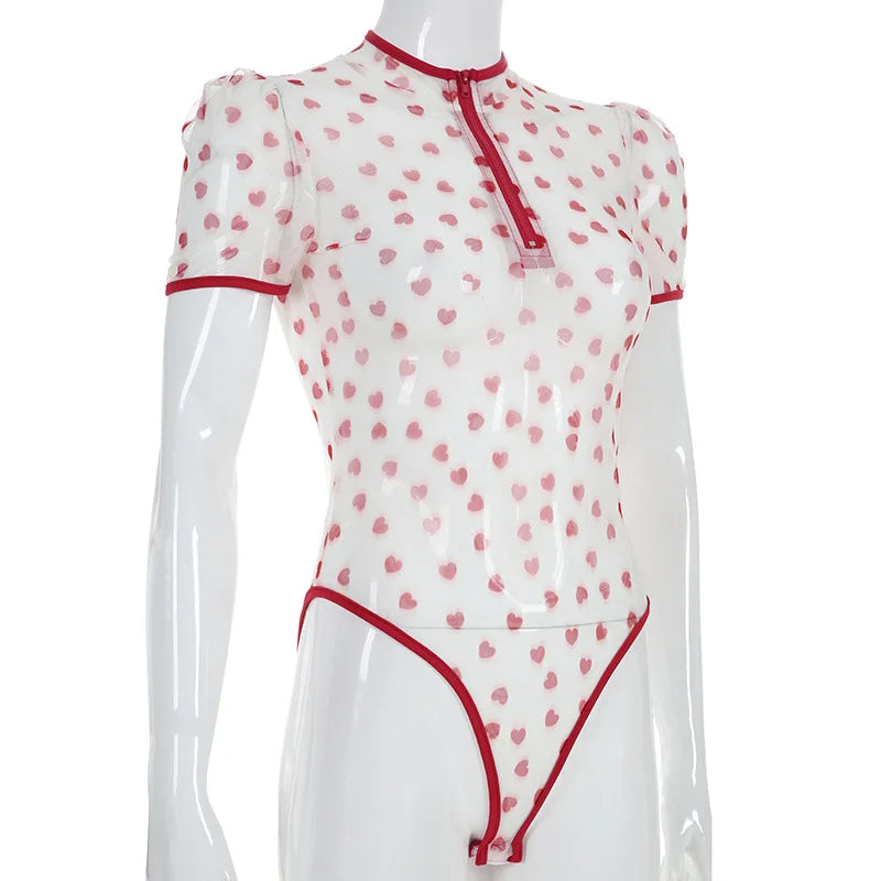 SheMujerSky Sexy Transparent Bodysuit Women Short Sleeve Heart Print Bodysuits Zipper O-neck Jumpsuit Overalls