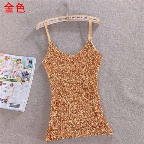 セクシーな女性用スパンコール付きキラキラ輝くタンクトップ、ノースリーブTシャツ、キャミソール、ブラウス、ベスト、ボトム、スリングトップ、マルチカラー06#