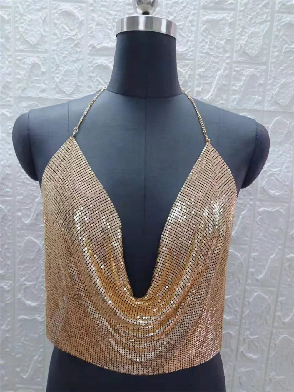 Women Sexy Halter Camisole Tops Shining Metal Sequins Backless Low-Cut Tank Tops for Ladies Vacation Party Clubwear