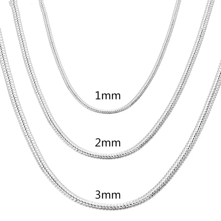 40-75cm 925スターリングシルバー 1MM/2MM/3MM ソリッドスネークチェーンネックレス メンズ レディース ファッションジュエリー ペンダント用 送料無料