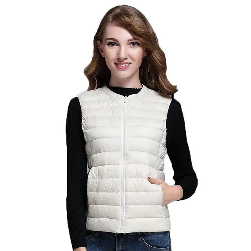 White Stand Collar Women's Sleeveless Down Vest Coat Winter Thin Slim Business Vests White Blue Black Red Women Waistcoat 3XL