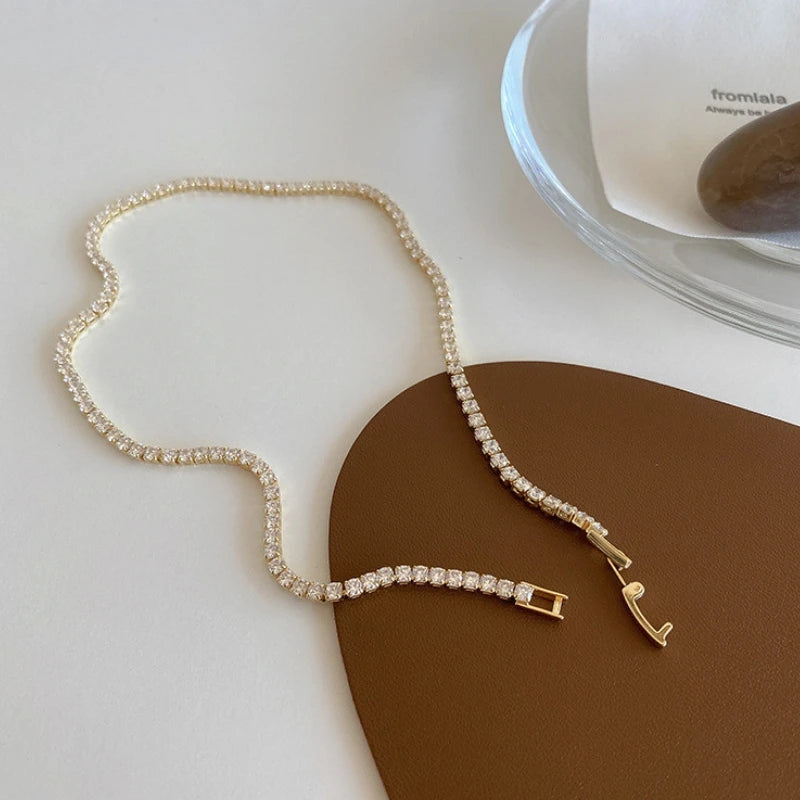 Iced Out Tennis Chain Necklaces Female Gold Color 18K Gold Plated Neck Chain For Women Fashion Jewelry Gift Chocker 2024