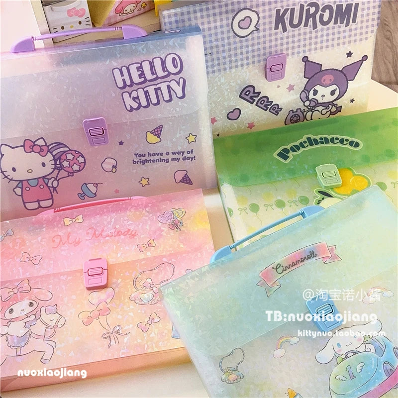 Kawaii Kuromi Hello Kitty A4 Folder Storage Bag Anime Sanrio Cute Portable Accordion Bag Multi-layer Test Paper Storage Bag