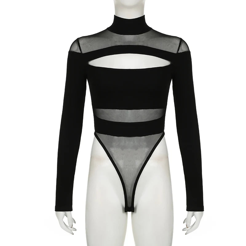 CIBBAR Black Hollow Out Bodysuit Mesh Patchwork Solid Full Sleeve See Through Bodycon Jumpsuit for Women Club Party Outfits Lady