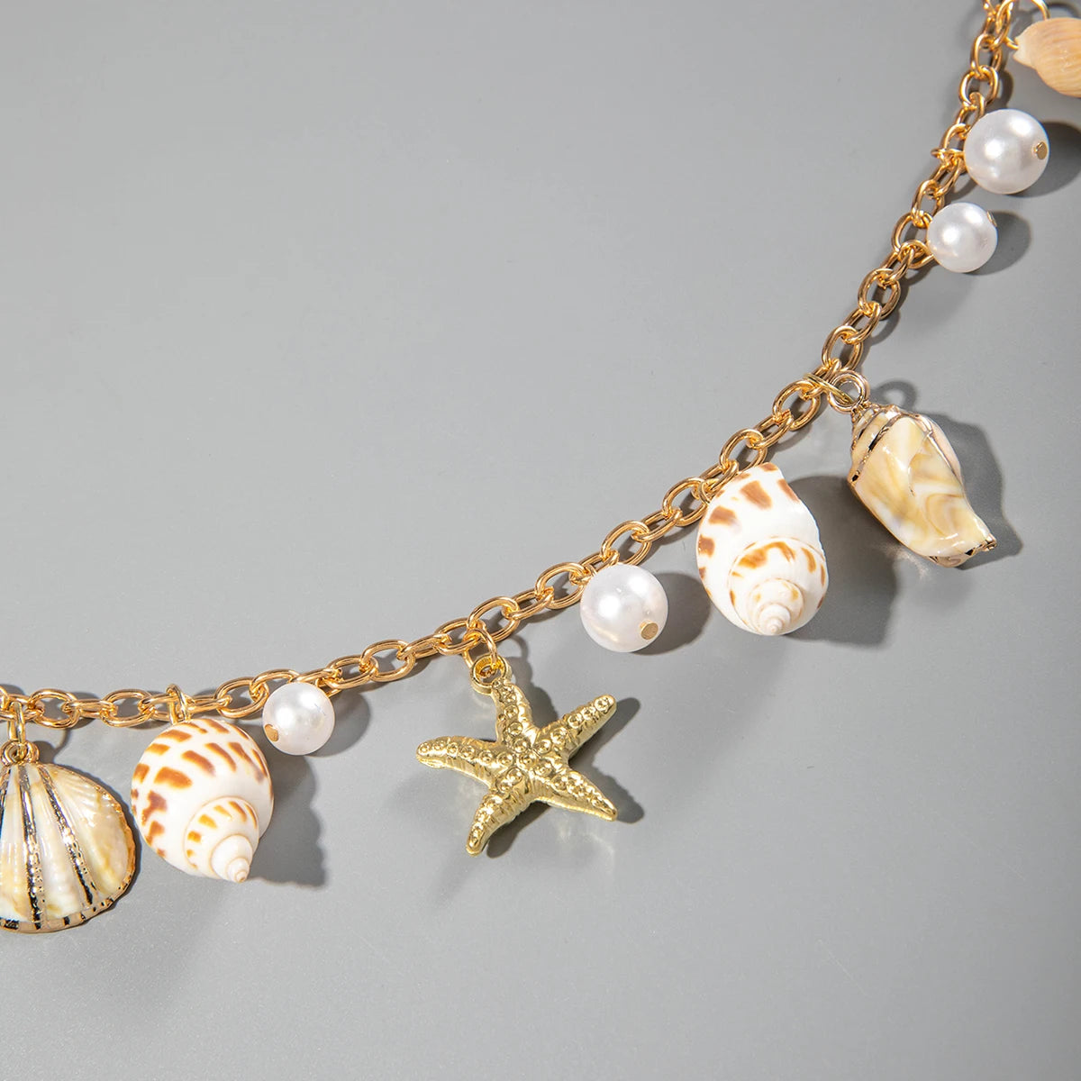 Docona Bohemian Sea Star Conch Waist Chain Women Summer Beach Party Shell Imitation Pearl Body Chain Holiday Accessories